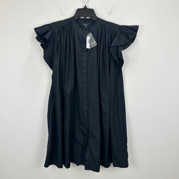 Madewell Flutter Sleeve Button Front Mini Dress Poplin Black Relaxed Medium NWT - Picture 7 of 14